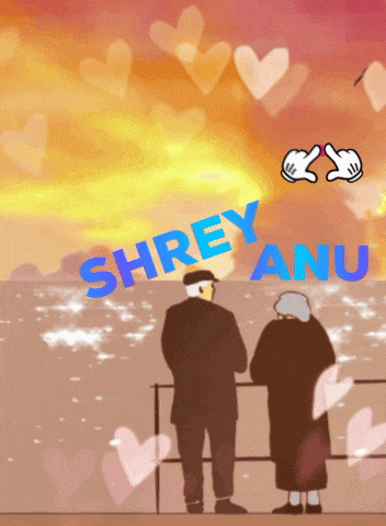 a man and a woman are looking at the ocean with the name shrey anu on the bottom