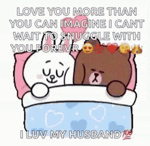 a couple of teddy bears laying in a bed with the words `` love you more than you can imagine ''