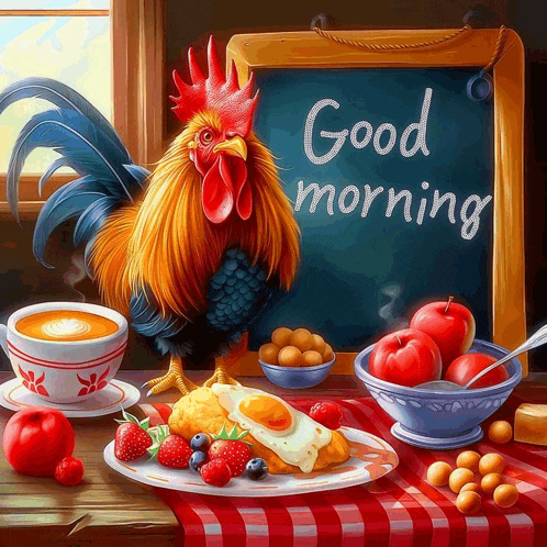 a rooster is standing next to a chalkboard that says good morning