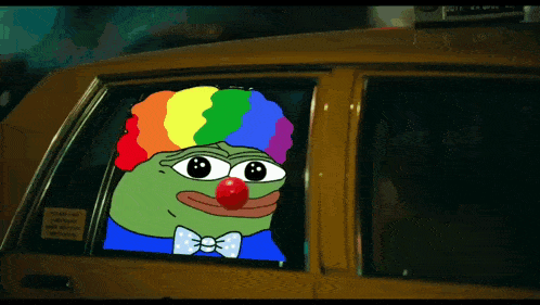 a cartoon of a clown with a rainbow wig and red nose is in a taxi