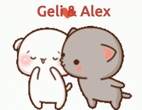 a couple of cartoon cats standing next to each other with the words " geli & alex " written above them