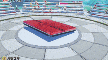 a video game screen shows a red item in the middle of a circle with the number 9829 on the bottom