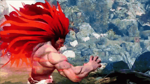 a man with red hair and muscles is in a video game scene