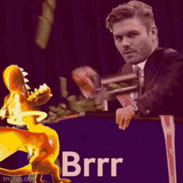 a man in a suit and tie is holding a gun in front of a sign that says " brrr "