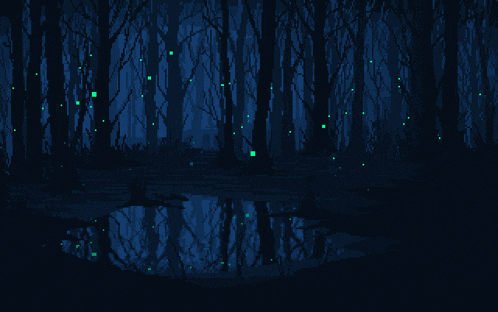 a pixel art of a dark forest with trees and a puddle in the middle