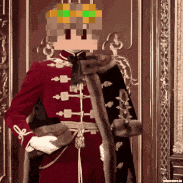 a man in a king costume with a crown on his head is standing in front of a door .