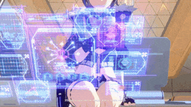 a screenshot of a video game shows a girl sitting in front of a computer monitor