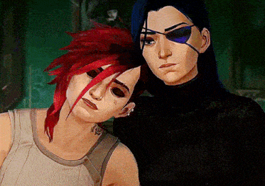 a couple of women standing next to each other with one wearing a eye patch