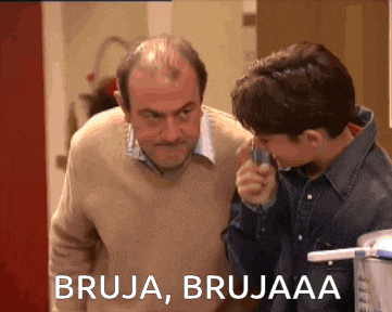 a man and a boy are standing next to each other and the words bruja brujaaa are on the bottom