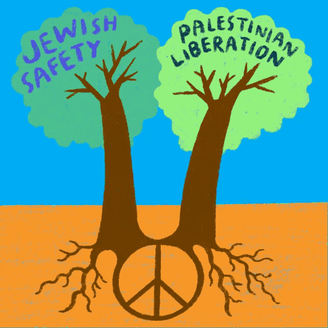 a drawing of two trees with the words jewish safety and palestinian liberation above them