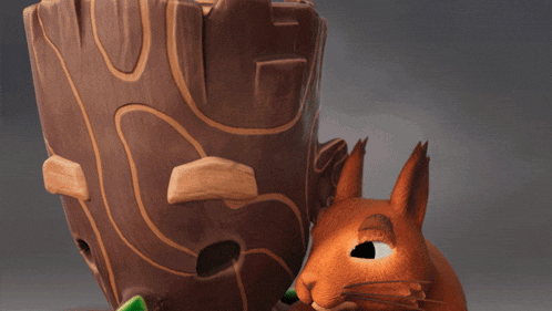 a cartoon squirrel is looking at a tree stump