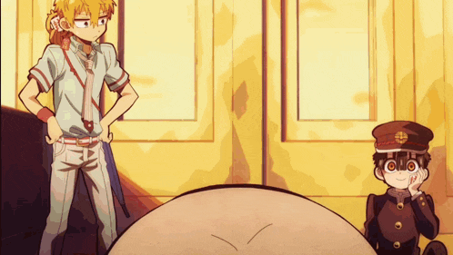 two anime characters are standing next to each other in front of a wall