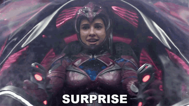 a woman in a superhero costume with surprise written on the bottom