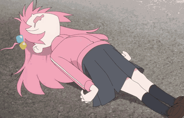 a cartoon of a girl with pink hair laying on the ground