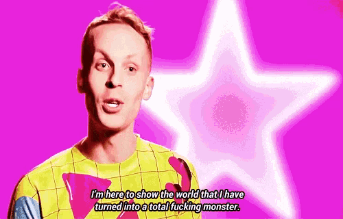 a man in a yellow shirt is saying i 'm here to show the world that i have turned into a total monster .