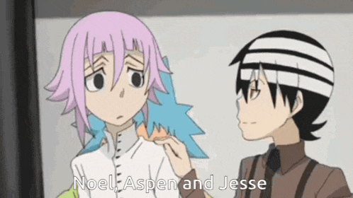 a boy and a girl are standing next to each other with the words noel aspen and jesse written on the bottom