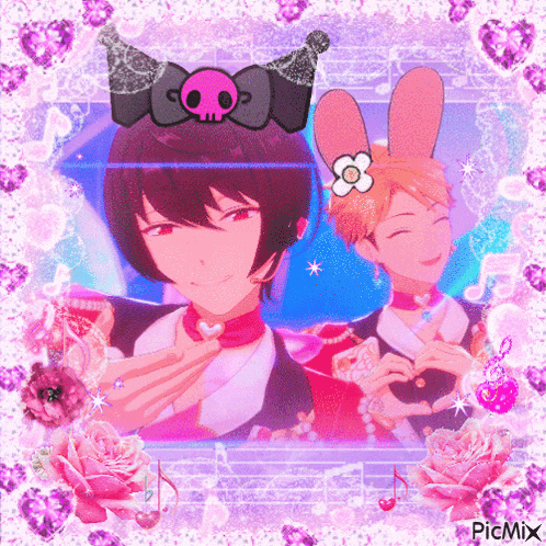 a picture of two anime characters making a heart shape with their hands