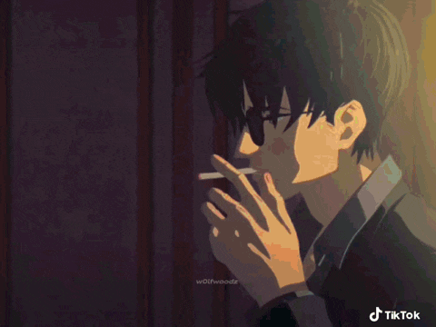 a cartoon of a person smoking a cigarette with the words breathe out below it