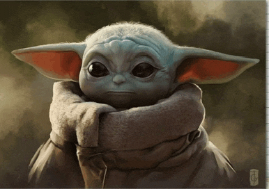 a painting of a baby yoda with a scarf around its neck