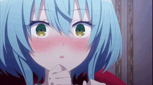 a girl with blue hair and green eyes is making a funny face