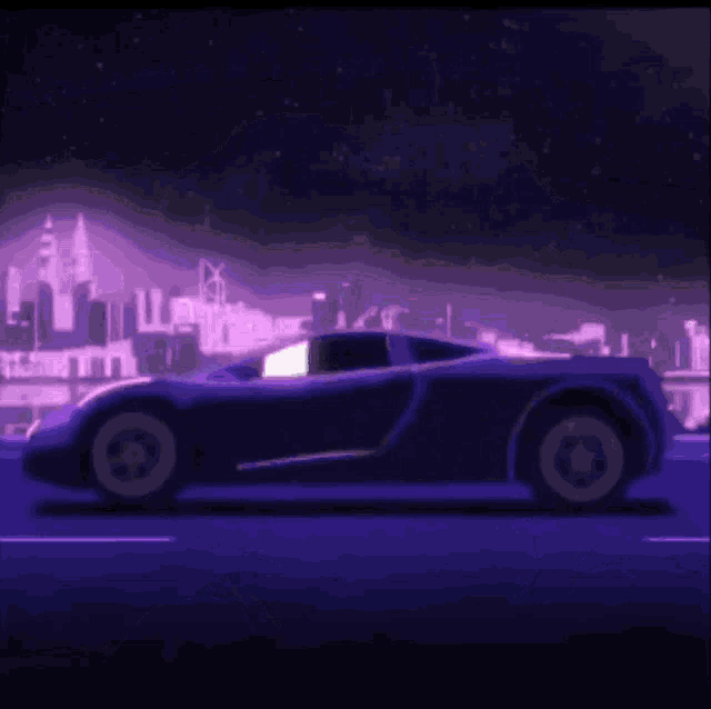 a purple car is driving down a road with a city skyline in the background