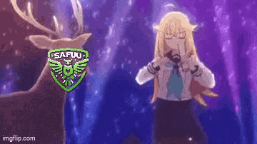 a pixel art of a girl standing next to a deer with a safuu logo in the background .