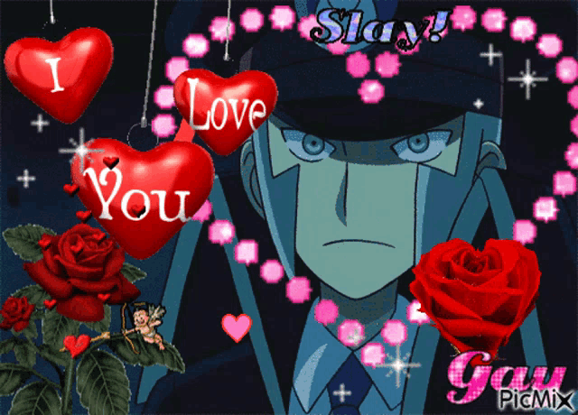 a picture of a man with hearts that say i love you and stay