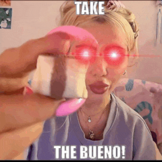 a woman is holding a pink object in front of her eyes and says take the bueno !