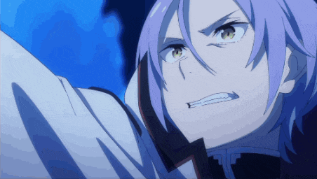a purple haired anime character with green eyes looks angry