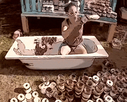 a cartoon of a woman in a bathtub surrounded by cans of soda