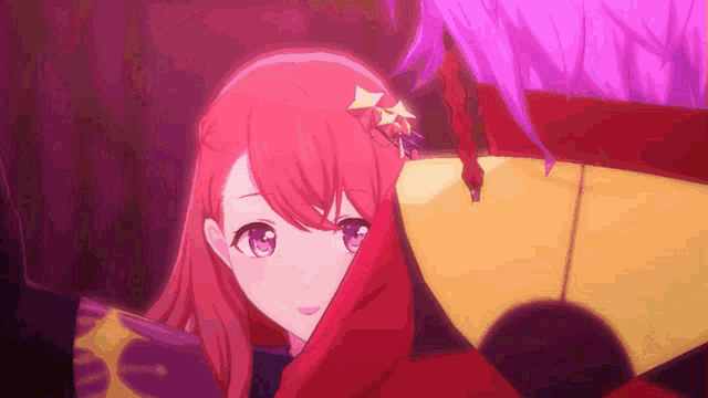 a girl with red hair is covered in a red cloth