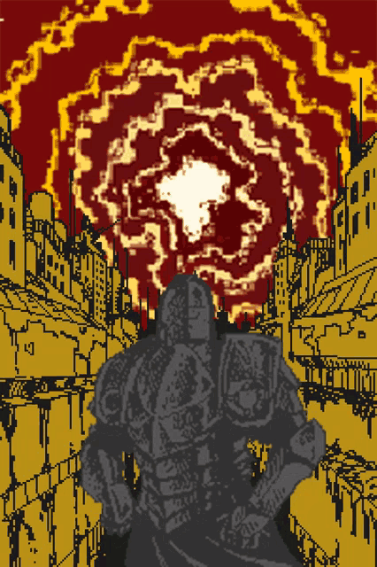 a pixel art of a knight standing in front of a explosion
