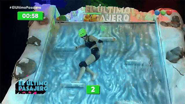 a woman in a bikini is swimming in a pool with the time of 00:58