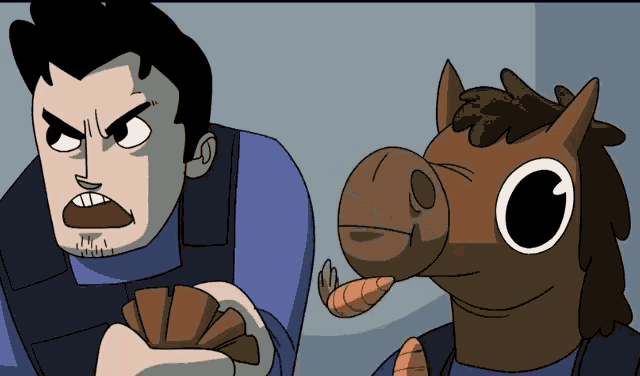 a cartoon of a man and a horse eating carrots