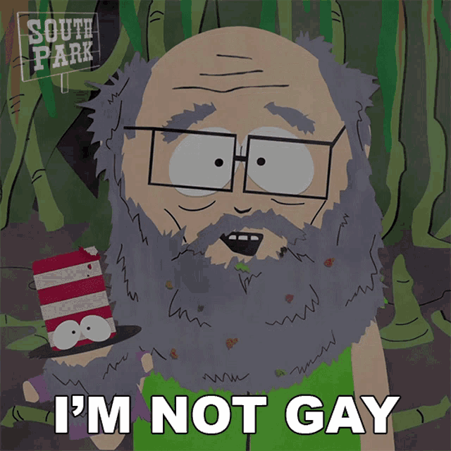 a cartoon of a man with glasses and a beard says i 'm not gay