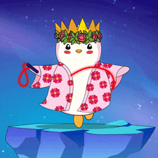 a cartoon penguin wearing a crown and a pink kimono
