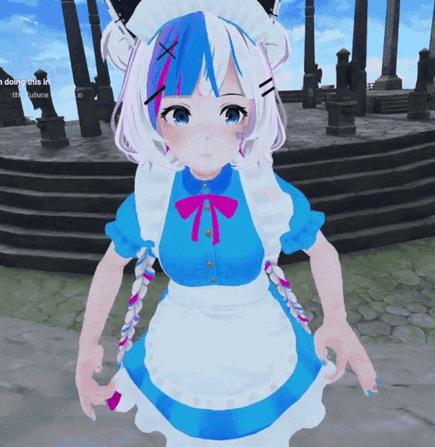 a girl in a maid outfit is standing in front of a staircase with the words " i doing this in the future "