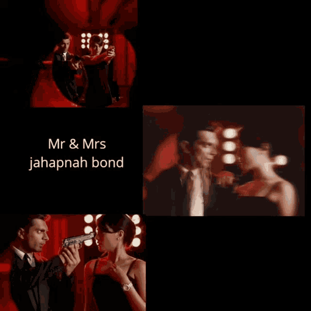 a man and a woman holding guns with the words mr & mrs jahapnah bond on the bottom