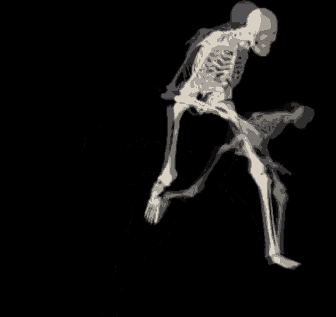 an x-ray of a skeleton walking on a black background .