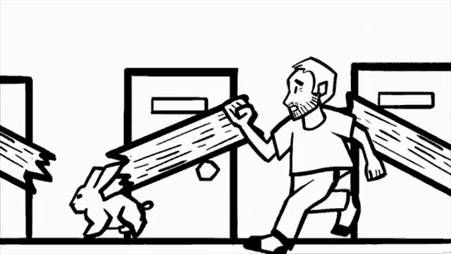 a black and white drawing of a man carrying a large piece of wood
