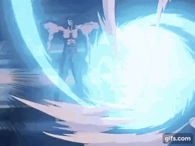 a man is standing in front of a blue swirl in a dark room .