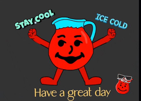 a cartoon of a pitcher of ice cold says " stay cool " and " have a great day "