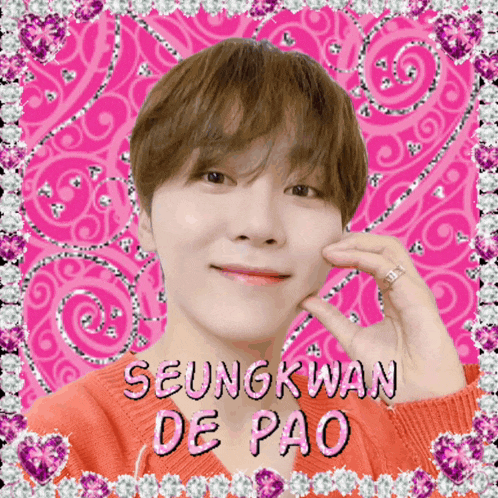 a picture of seungkwan de pao is surrounded by pink and silver glitter