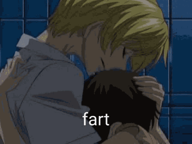 a couple of anime characters hugging each other with the words fart written on the bottom of the image .
