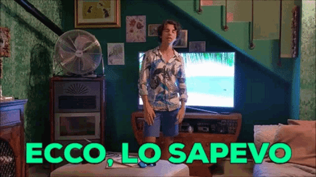 a man in a hawaiian shirt stands in front of a television with the words ecco lo sapevo below him