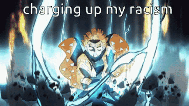 a cartoon character with the words charging up my racism