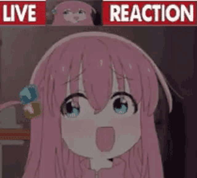 a girl with pink hair and blue eyes is making a funny face in front of a sign that says live reaction .