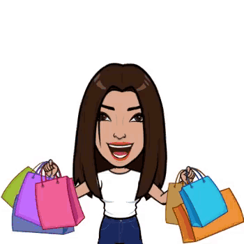 a cartoon of a woman holding shopping bags under a bell