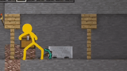 a yellow stick figure is holding a diamond pickaxe in a minecraft video game