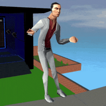 a computer generated image of a man standing in front of a house